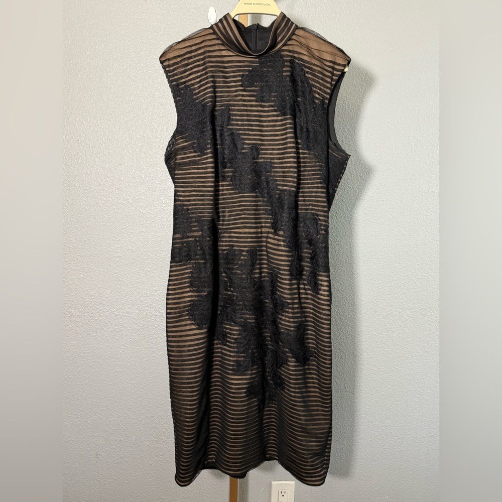 Tadashi Shoji Mockneck Tulle Striped Mesh Mock Neck Dress Size 16